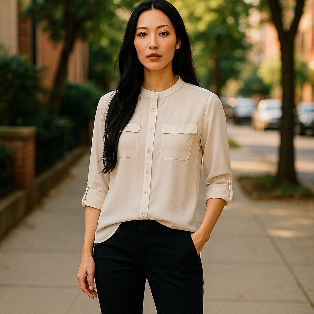 MNG Mango Minimalist Cream Long Sleeve Blouse XS Business Casual Officewear